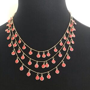 Anne Klein Layered Coral Color Necklace Bezel Set Stones on Gold Tone Chain.